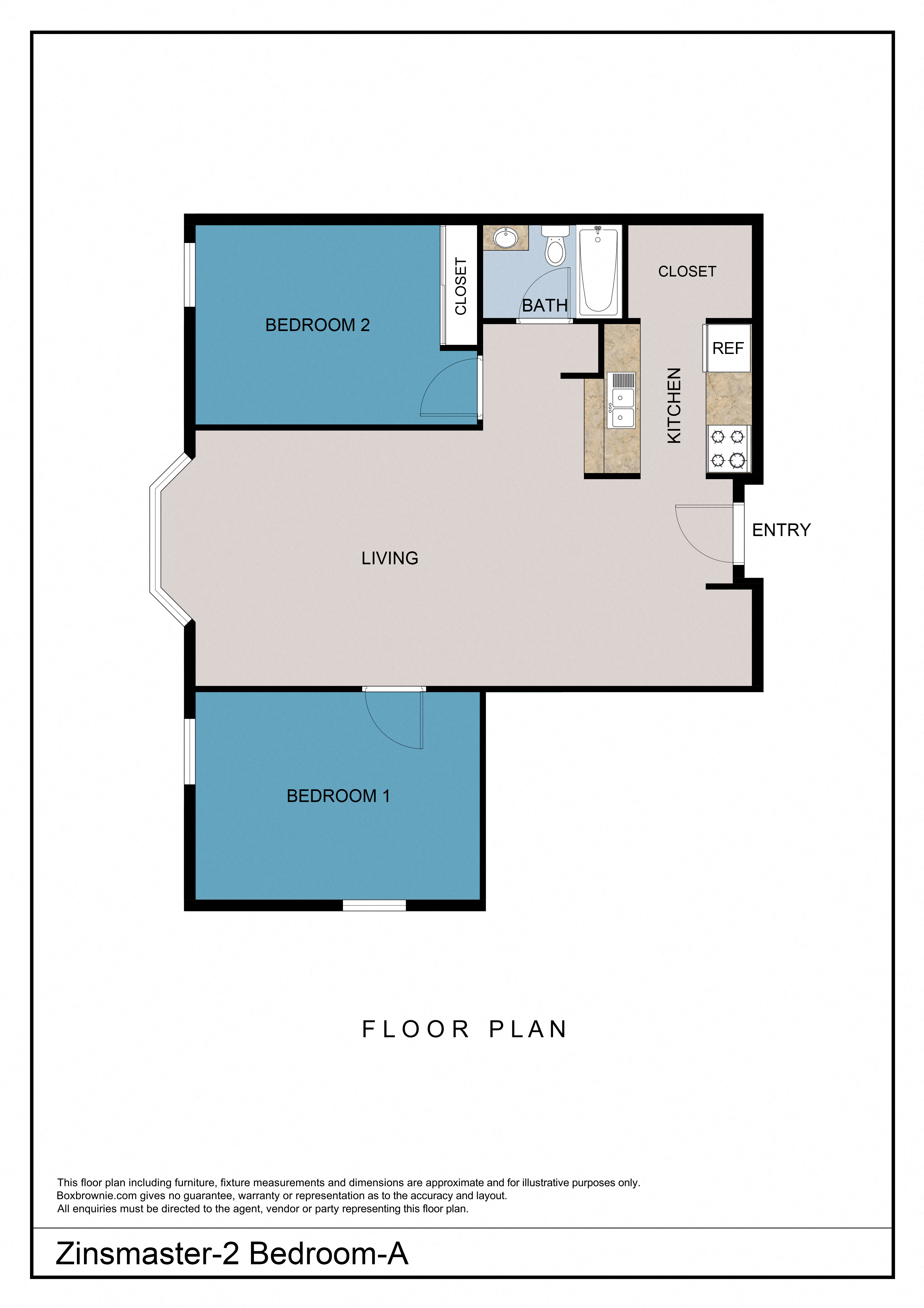 Floor plan for 2 beds, 1 bath, 728 sqft